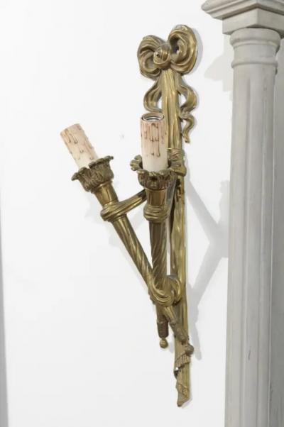 Pair of French 19th Century Bronze Two Light Ribbon Tied Wall Sconces Wired