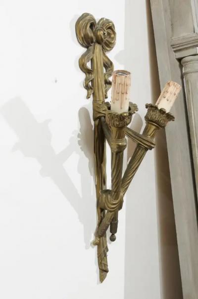 Pair of French 19th Century Bronze Two Light Ribbon Tied Wall Sconces Wired