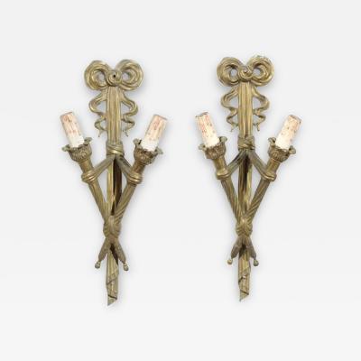 Pair of French 19th Century Bronze Two Light Ribbon Tied Wall Sconces Wired