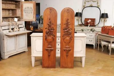 Pair of French 19th Century Carved Oak Vertical Panels with Bouquets in Vases