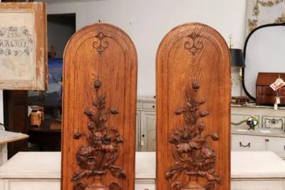 Pair of French 19th Century Carved Oak Vertical Panels with Bouquets in Vases