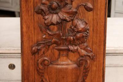 Pair of French 19th Century Carved Oak Vertical Panels with Bouquets in Vases