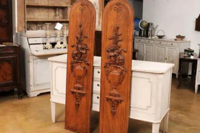 Pair of French 19th Century Carved Oak Vertical Panels with Bouquets in Vases