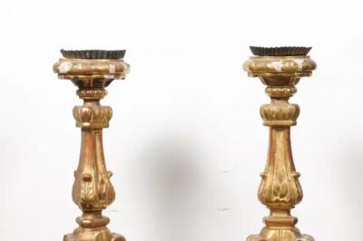 Pair of French 19th Century Gilt Candlesticks with Carved Foliage and Volutes