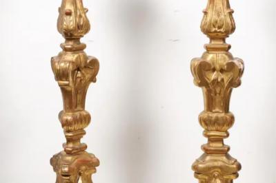 Pair of French 19th Century Gilt Candlesticks with Carved Foliage and Volutes