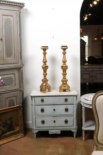 Pair of French 19th Century Gilt Candlesticks with Carved Foliage and Volutes