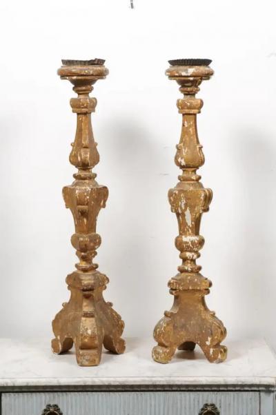 Pair of French 19th Century Gilt Candlesticks with Carved Foliage and Volutes