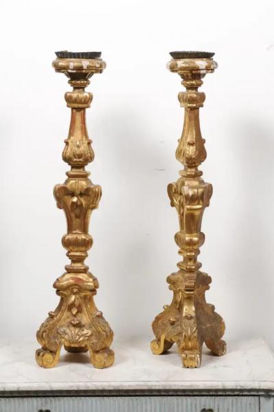 Pair of French 19th Century Gilt Candlesticks with Carved Foliage and Volutes