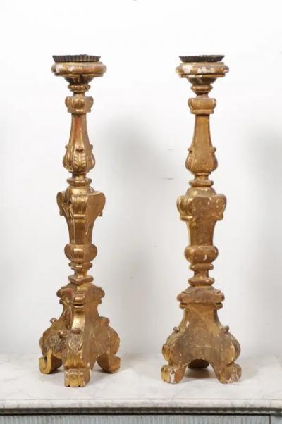 Pair of French 19th Century Gilt Candlesticks with Carved Foliage and Volutes