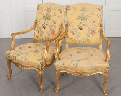 Pair of French 19th Century Gold Gilt Louis XV Armchairs