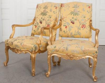 Pair of French 19th Century Gold Gilt Louis XV Armchairs