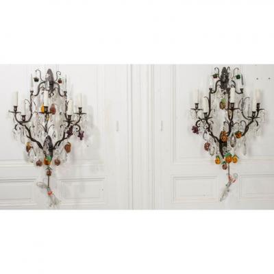 Pair of French 19th Century Iron and Crystal Fruitage Sconces