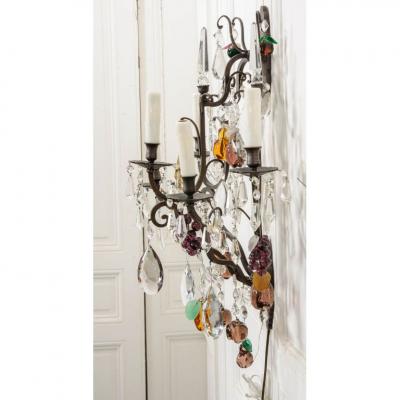 Pair of French 19th Century Iron and Crystal Fruitage Sconces