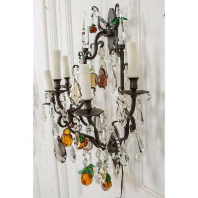 Pair of French 19th Century Iron and Crystal Fruitage Sconces