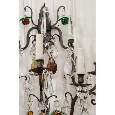 Pair of French 19th Century Iron and Crystal Fruitage Sconces