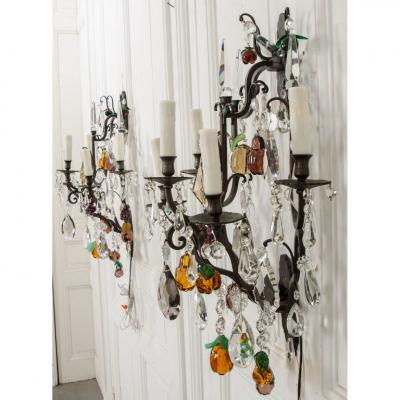 Pair of French 19th Century Iron and Crystal Fruitage Sconces