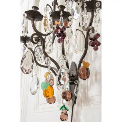 Pair of French 19th Century Iron and Crystal Fruitage Sconces