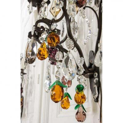 Pair of French 19th Century Iron and Crystal Fruitage Sconces