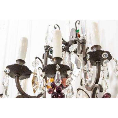 Pair of French 19th Century Iron and Crystal Fruitage Sconces