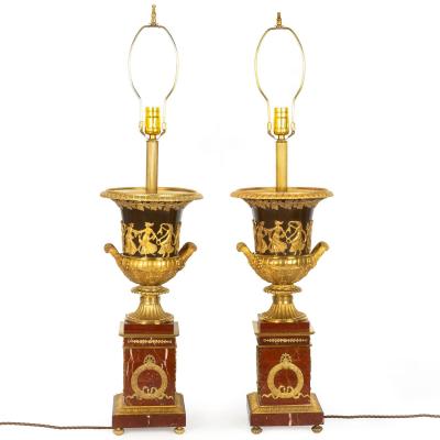 Pair of French 19th Century Neoclassical Bronze and Red Marble Lamps