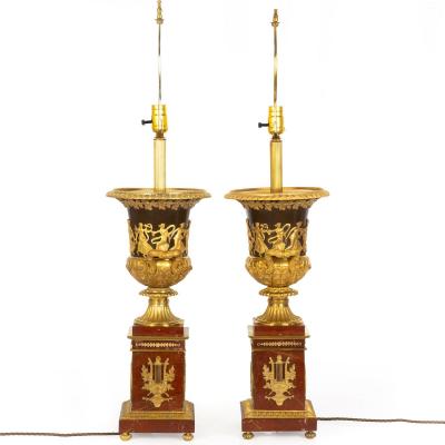 Pair of French 19th Century Neoclassical Bronze and Red Marble Lamps