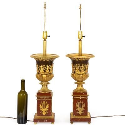 Pair of French 19th Century Neoclassical Bronze and Red Marble Lamps