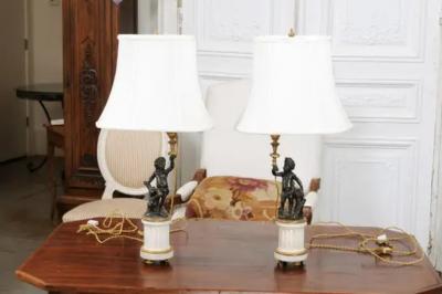 Pair of French 19th Century Neoclassical Style Marble and Bronze Putti Lamps