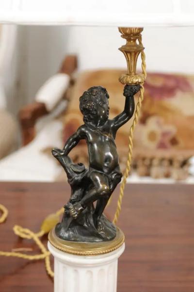 Pair of French 19th Century Neoclassical Style Marble and Bronze Putti Lamps