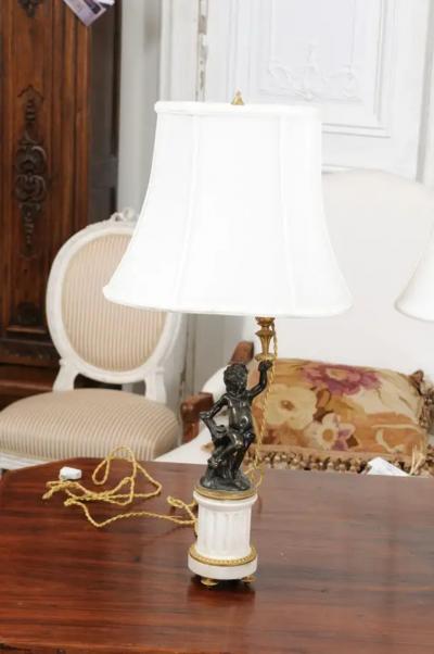 Pair of French 19th Century Neoclassical Style Marble and Bronze Putti Lamps