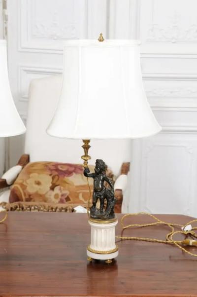 Pair of French 19th Century Neoclassical Style Marble and Bronze Putti Lamps