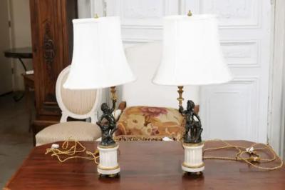 Pair of French 19th Century Neoclassical Style Marble and Bronze Putti Lamps