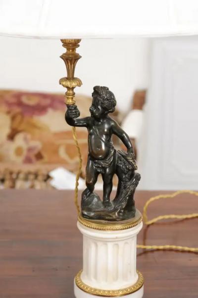 Pair of French 19th Century Neoclassical Style Marble and Bronze Putti Lamps