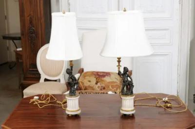Pair of French 19th Century Neoclassical Style Marble and Bronze Putti Lamps