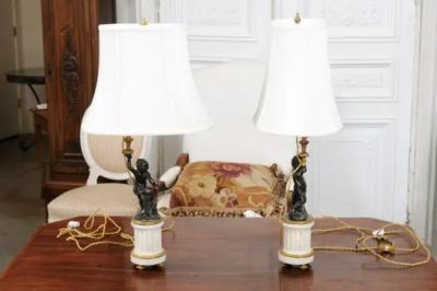 Pair of French 19th Century Neoclassical Style Marble and Bronze Putti Lamps