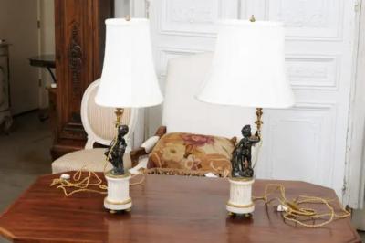 Pair of French 19th Century Neoclassical Style Marble and Bronze Putti Lamps