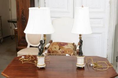 Pair of French 19th Century Neoclassical Style Marble and Bronze Putti Lamps
