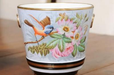 Pair of French 19th Century Paris Porcelain Cachepots Planters with Bird Motifs
