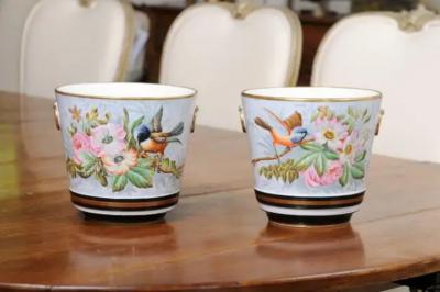 Pair of French 19th Century Paris Porcelain Cachepots Planters with Bird Motifs