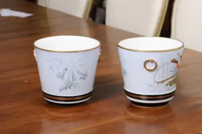 Pair of French 19th Century Paris Porcelain Cachepots Planters with Bird Motifs