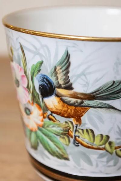 Pair of French 19th Century Paris Porcelain Cachepots Planters with Bird Motifs