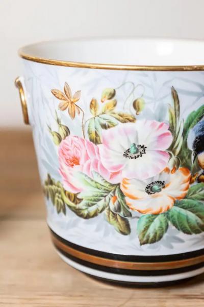 Pair of French 19th Century Paris Porcelain Cachepots Planters with Bird Motifs
