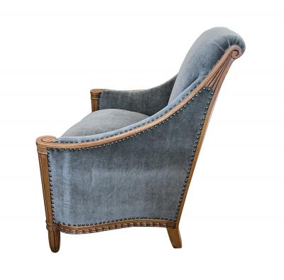 Pair of French Art Deco Carved Maple Upholstered Armchairs Bergeres