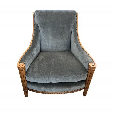 Pair of French Art Deco Carved Maple Upholstered Armchairs Bergeres