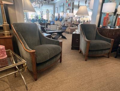 Pair of French Art Deco Carved Maple Upholstered Armchairs Bergeres