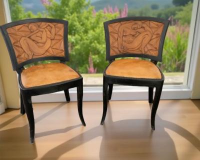 Pair of French Art Deco Carved Nude Panel Side Chairs ca 1930
