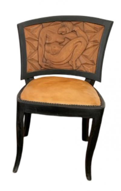 Pair of French Art Deco Carved Nude Panel Side Chairs ca 1930