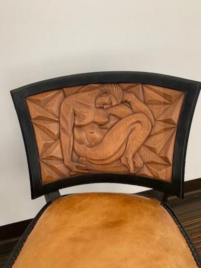 Pair of French Art Deco Carved Nude Panel Side Chairs ca 1930