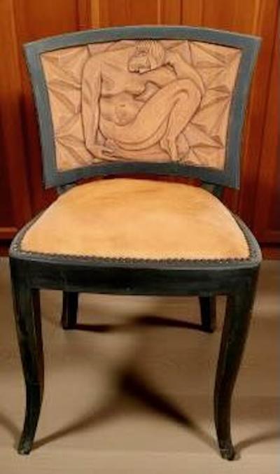 Pair of French Art Deco Carved Nude Panel Side Chairs ca 1930