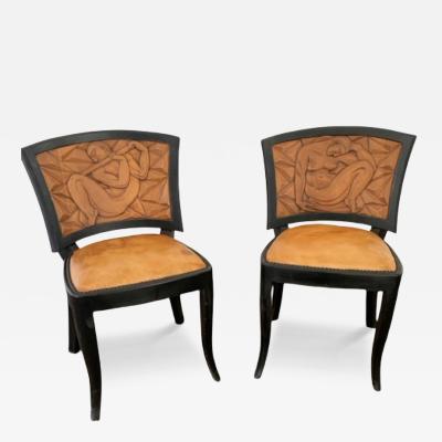 Pair of French Art Deco Carved Nude Panel Side Chairs ca 1930
