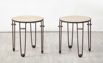 Pair of French Art Deco Iron and Travertine Circular Side Tables circa 1940